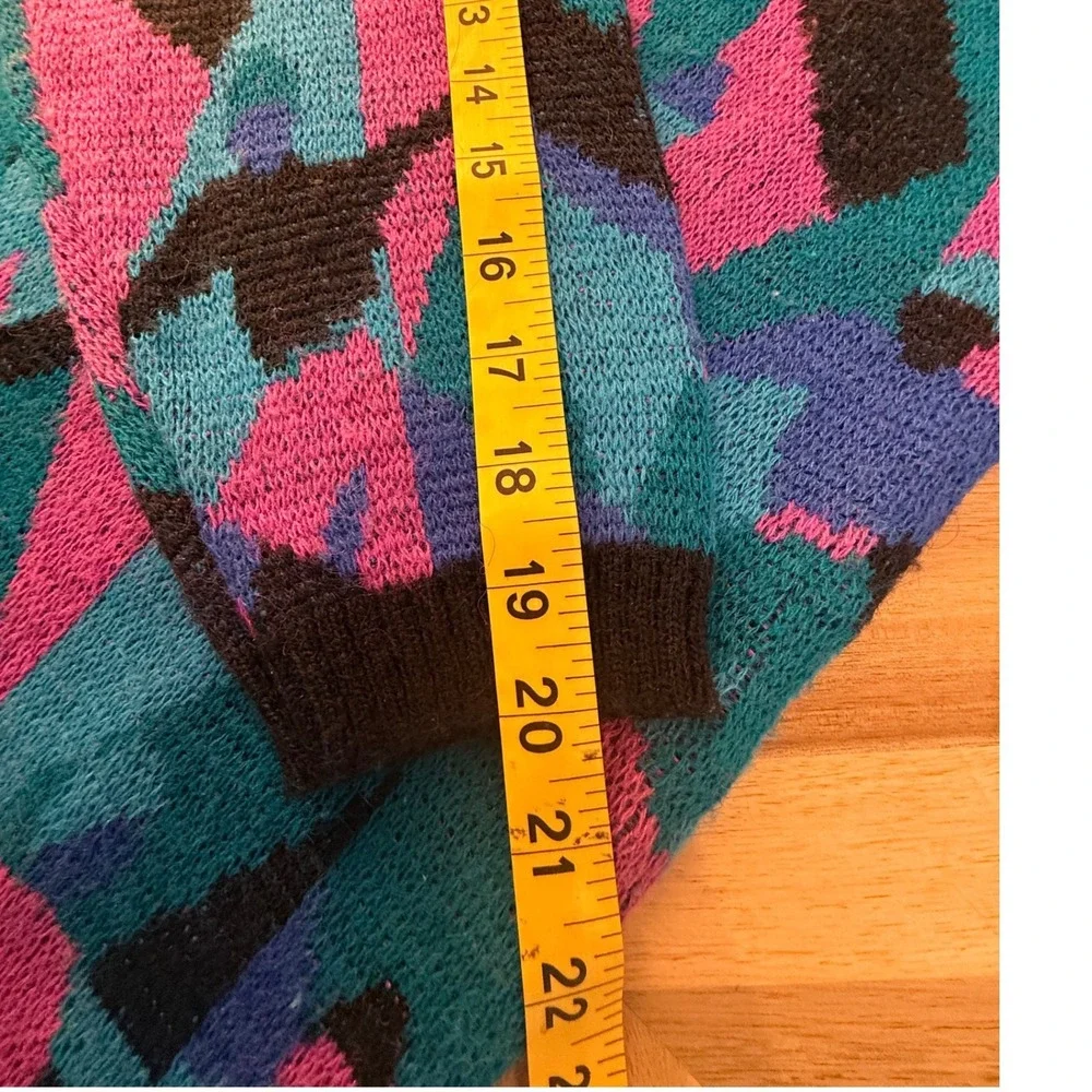 Vintage 90s‎ Odyssey Geometric Abstract Knit Sweater Pink Teal Wool Blend Large
